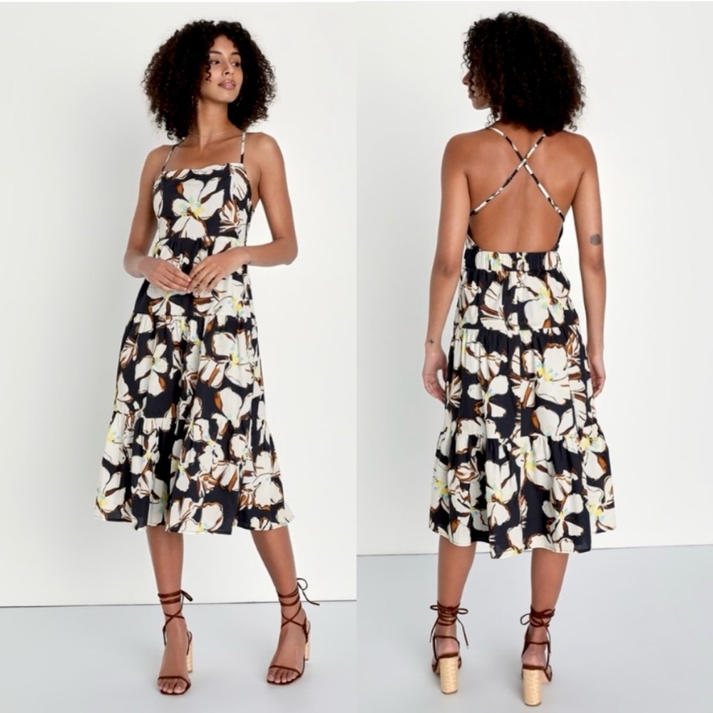 Lulus Bound for Bali Black Floral Backless Midi Dress Size M Pockets Tropical
